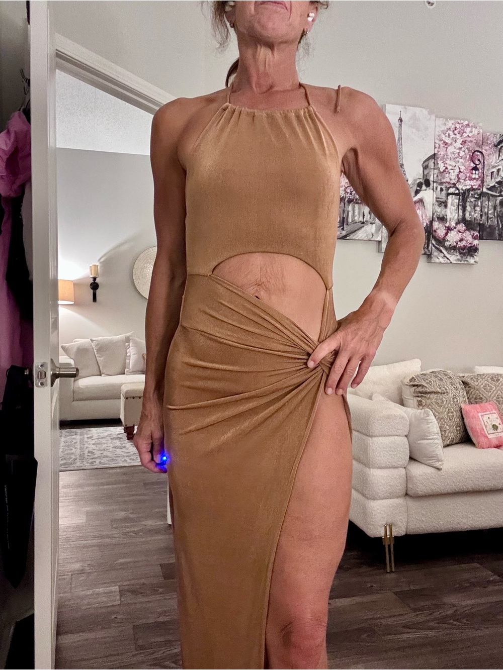 Fashion Nova Cutout Halter Maxi Dress in Camel Tan